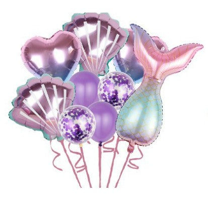 Set baloane aniversare pentru fetita, set din 9 baloane, ANGELBEAR, Tematica Sirene, 5 Baloane Folie, 4 baloane latex, cu inimii Mov metalizat